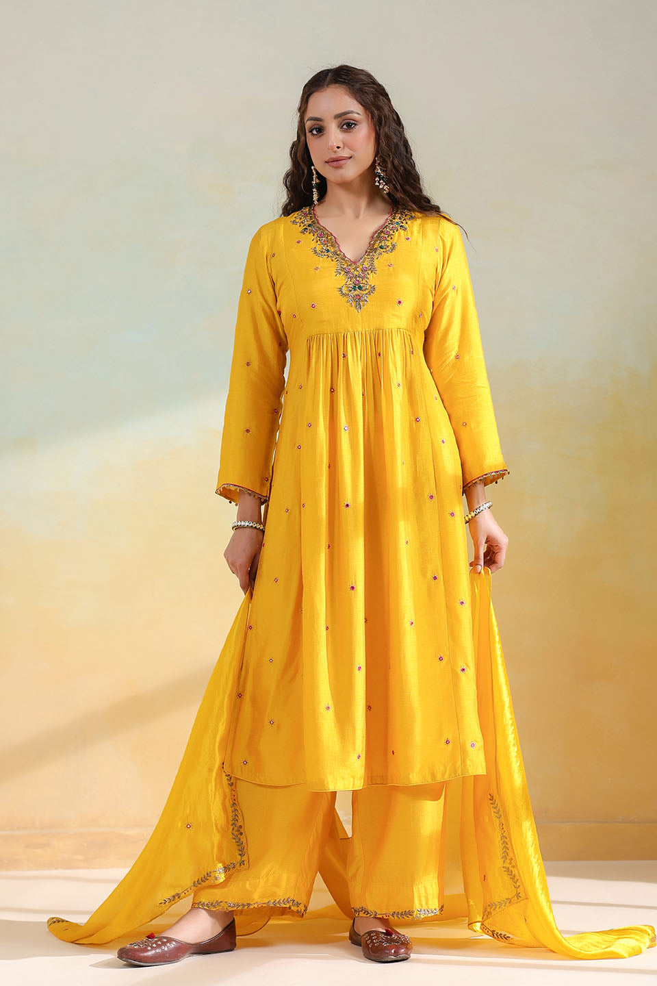 Yellow Multicolor Zardozi Frockstyle