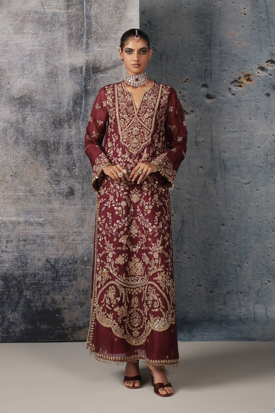 Zar:Rang Wine Long Jaal Kurta Set