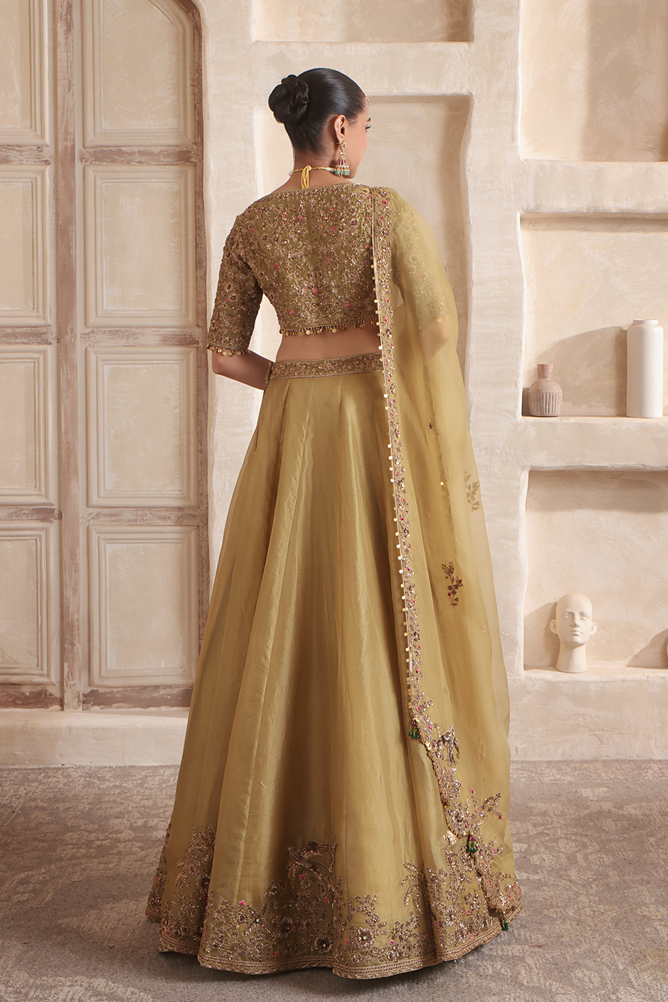 Zar:Rang Olive Green Pakhi Lehenga Set