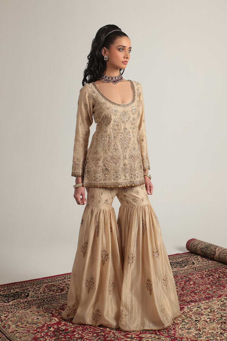 Zar:Rang Ivory Sharara Set