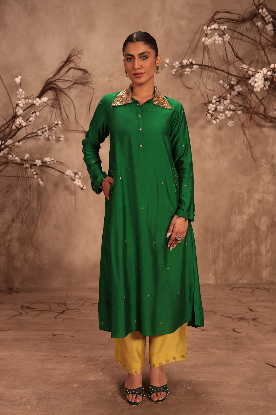 Nazakat Green Collar Kurta Set