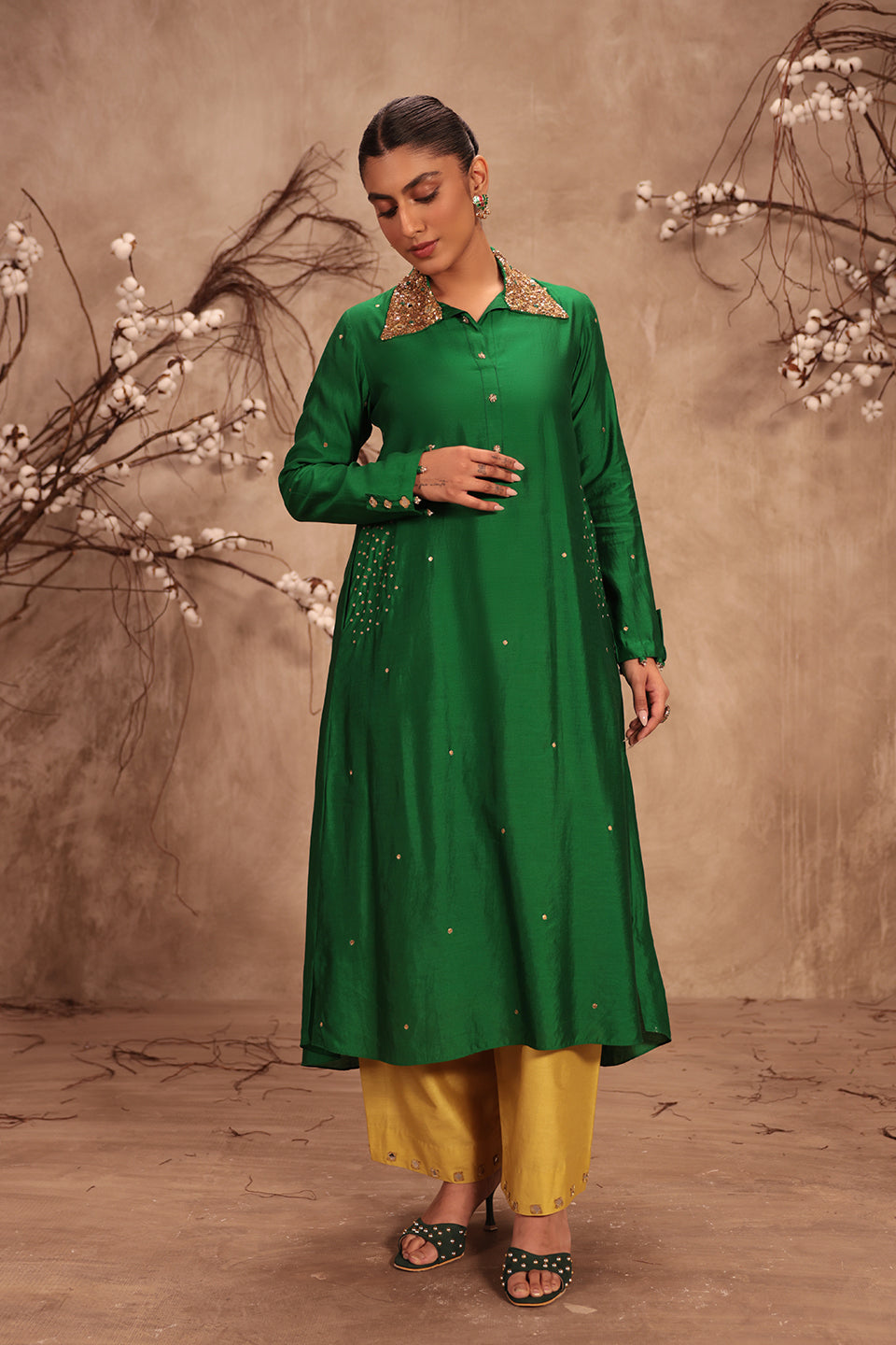 Nazakat Green Collar Kurta Set