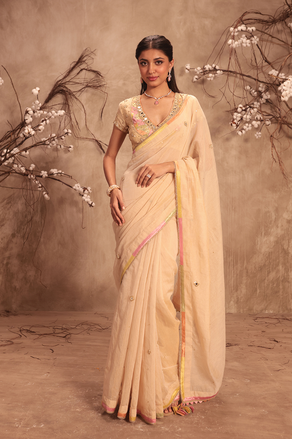 Nazakat Ivory Applique Saree Set