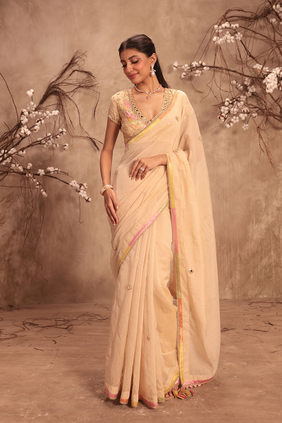 Nazakat Ivory Applique Saree Set