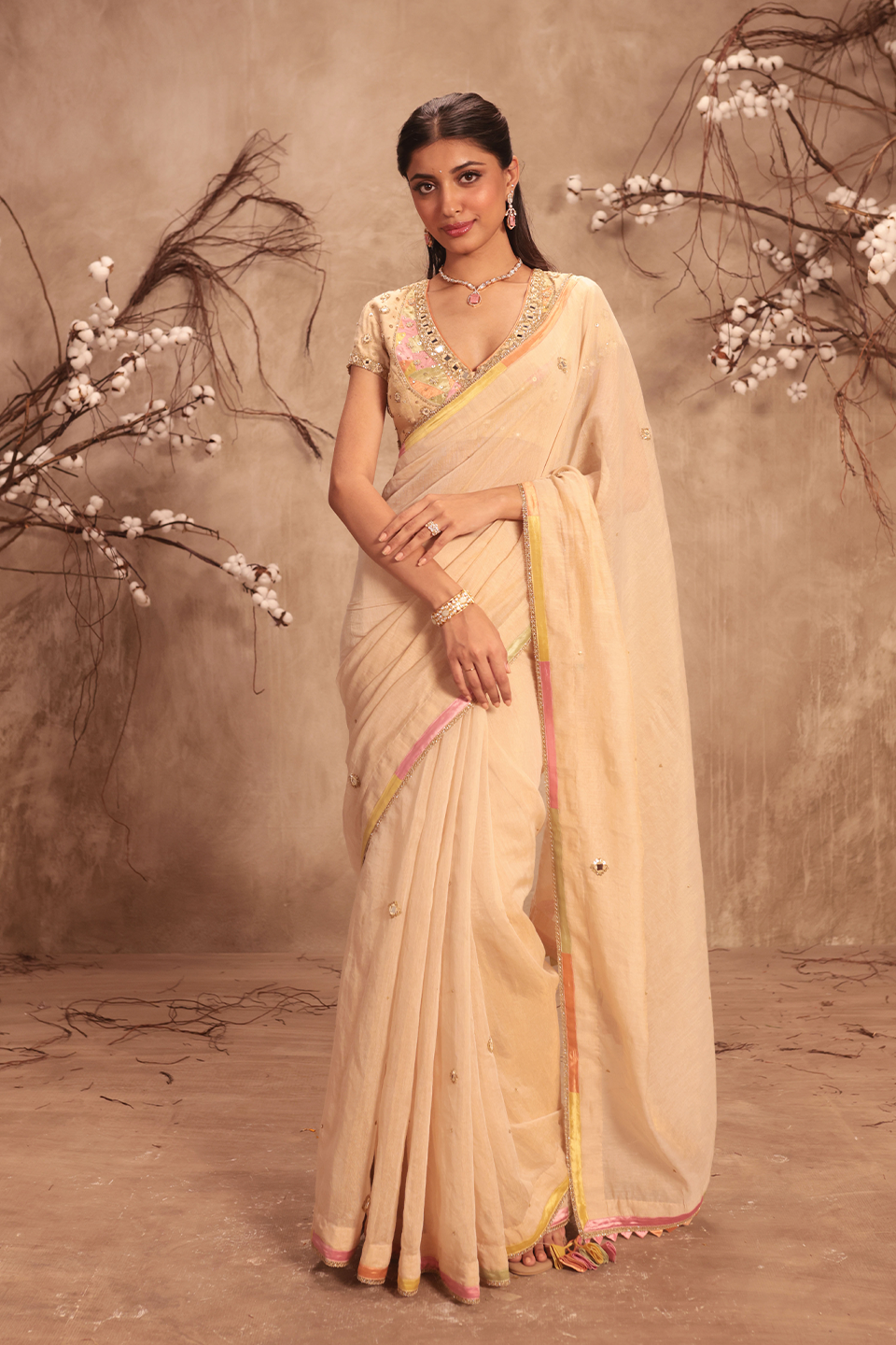 Nazakat Ivory Applique Saree Set