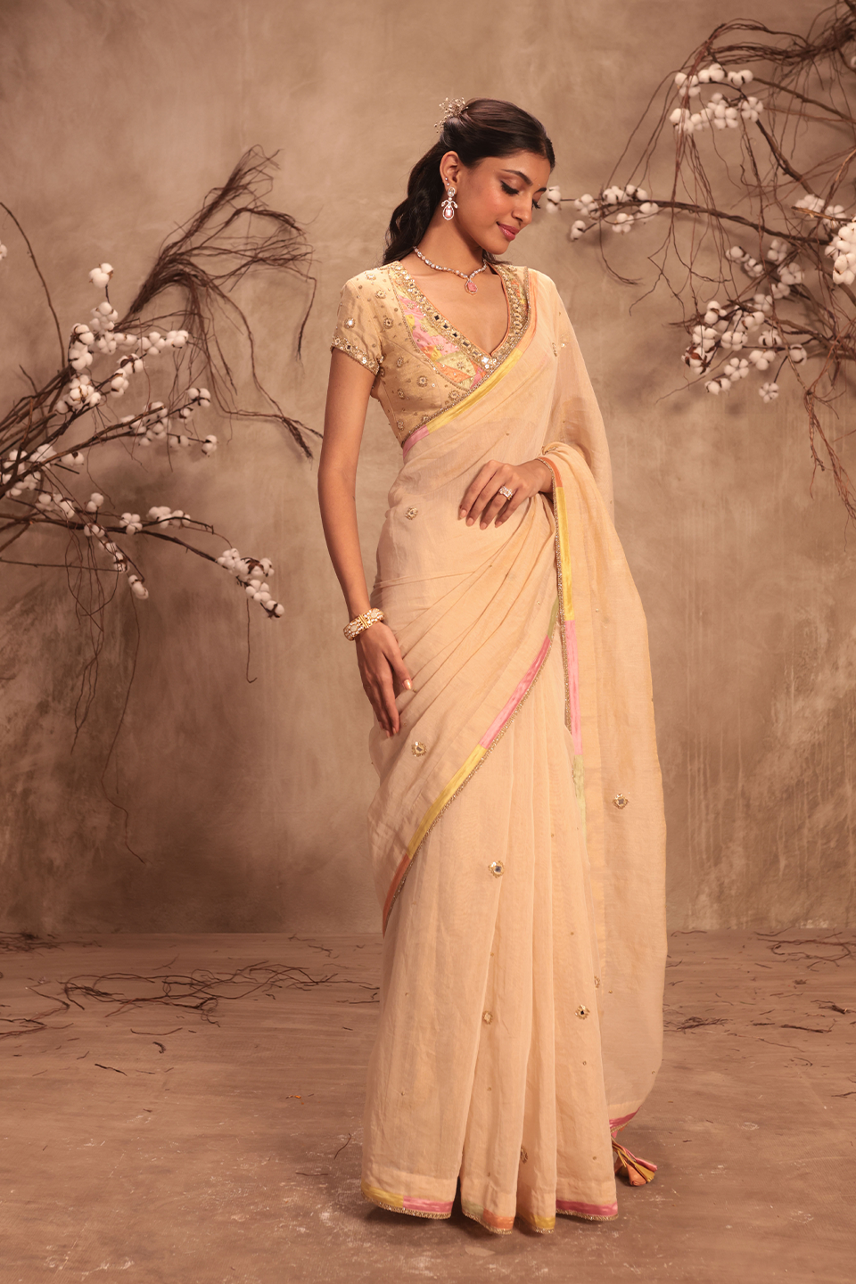 Nazakat Ivory Applique Saree Set