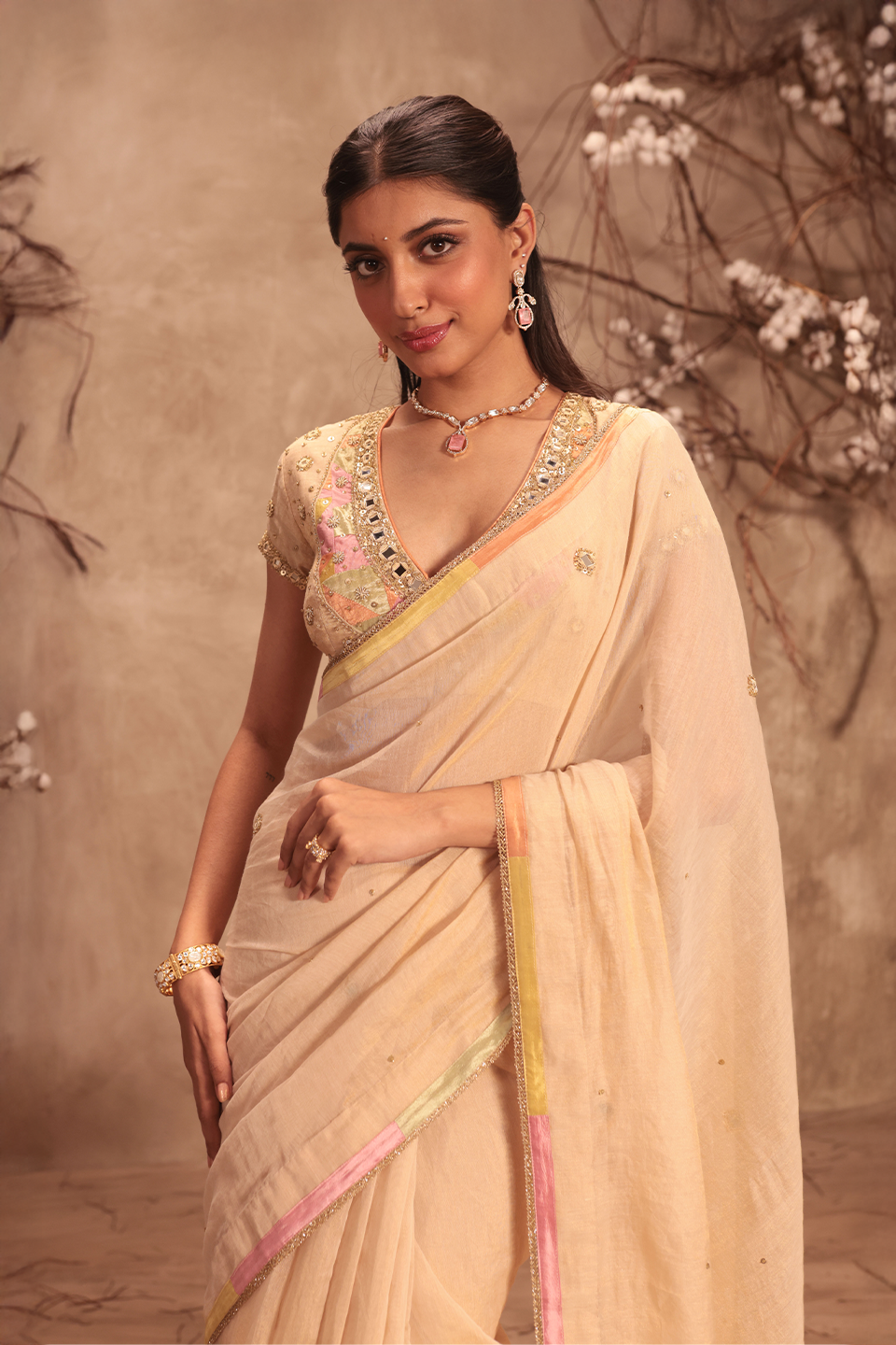 Nazakat Ivory Applique Saree Set