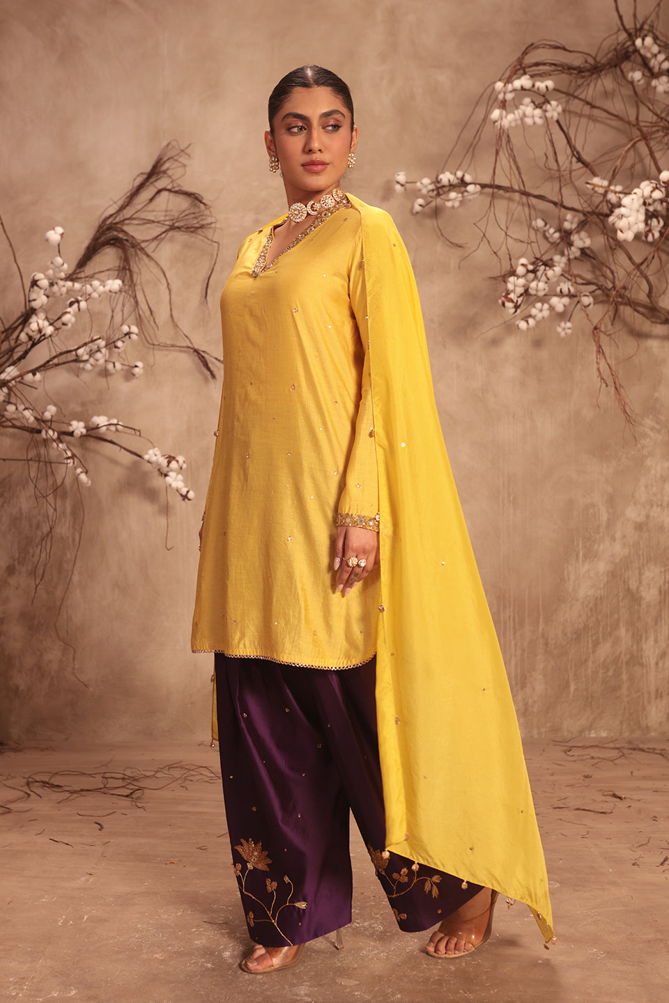 Nazakat Yellow Jaal Kurta Set