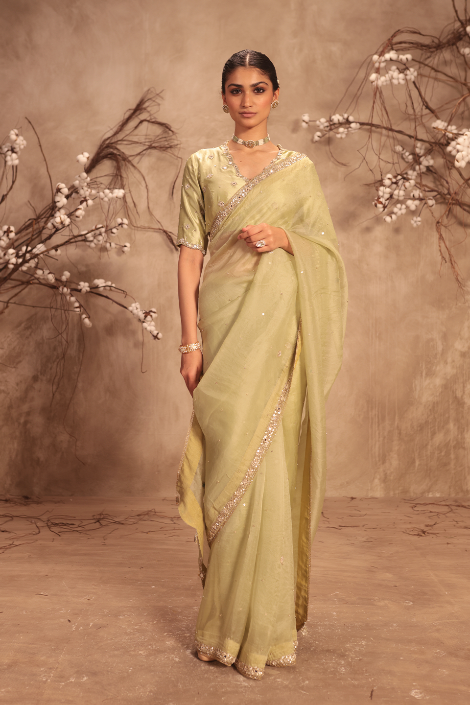 Nazakat Light Green Organza Mirror Work Saree Set