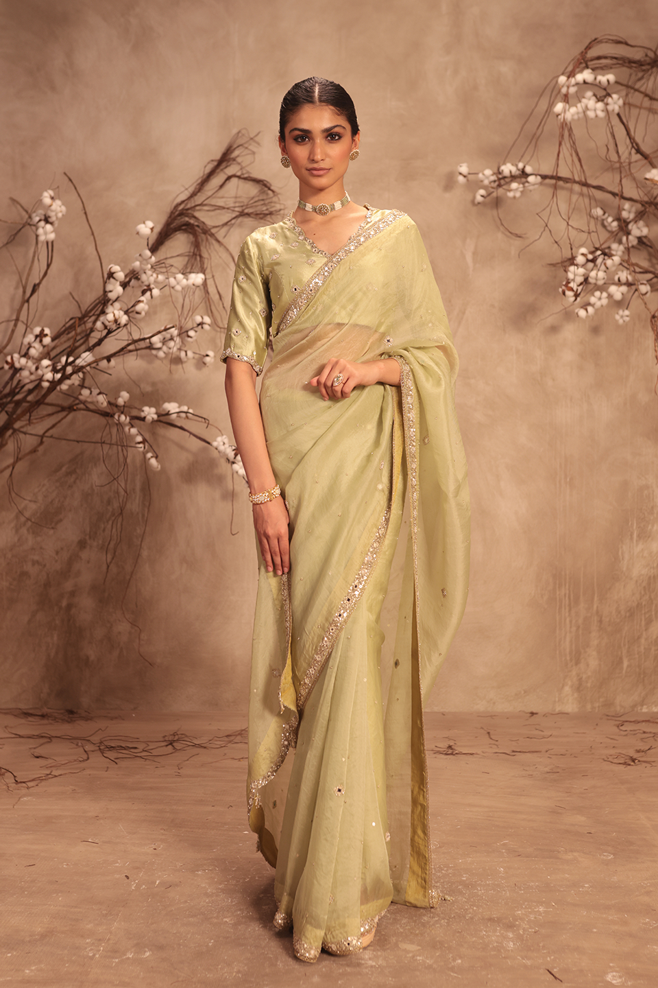 Nazakat Light Green Organza Mirror Work Saree Set