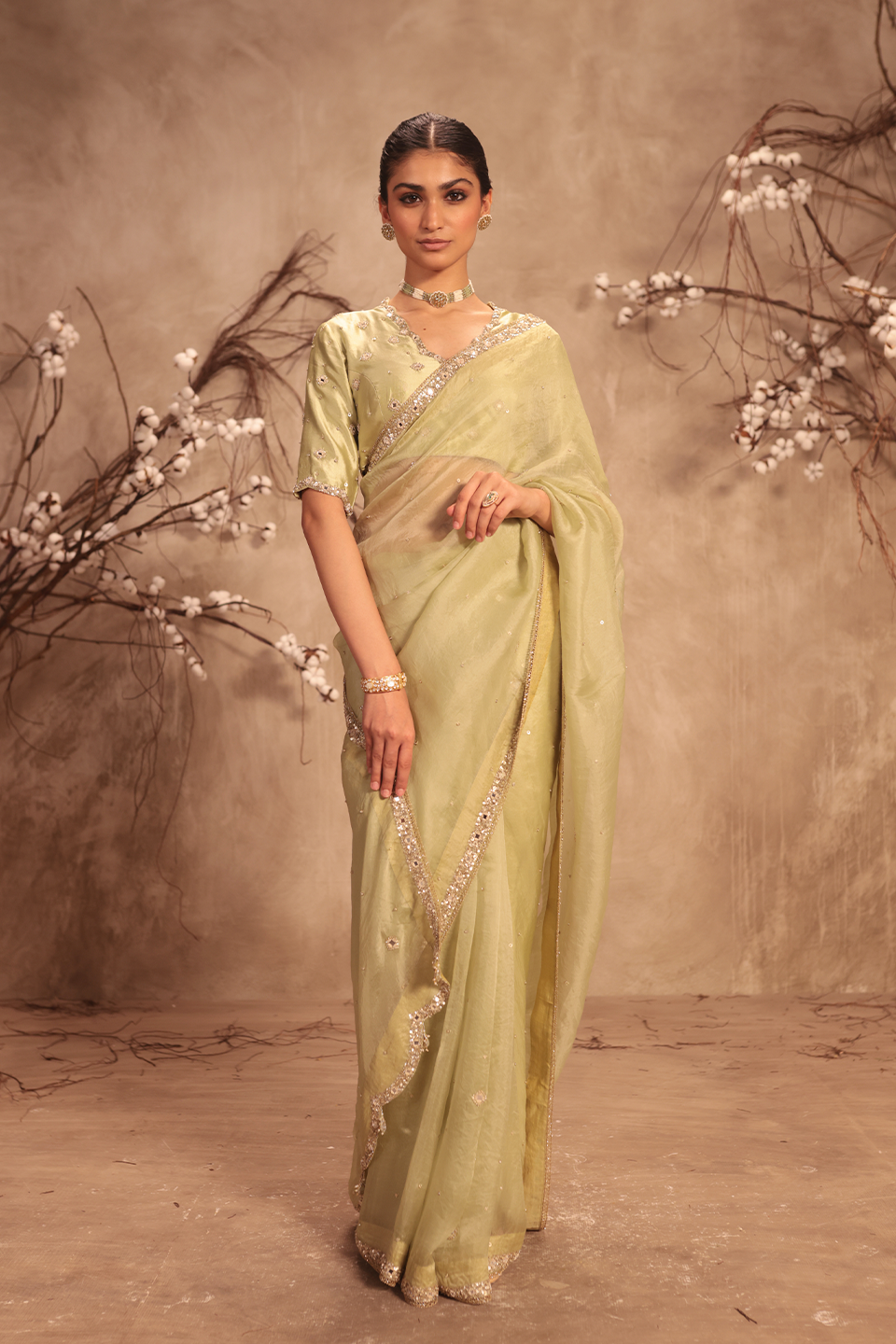 Nazakat Light Green Organza Mirror Work Saree Set