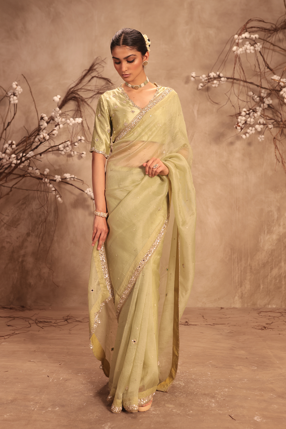 Nazakat Light Green Organza Mirror Work Saree Set