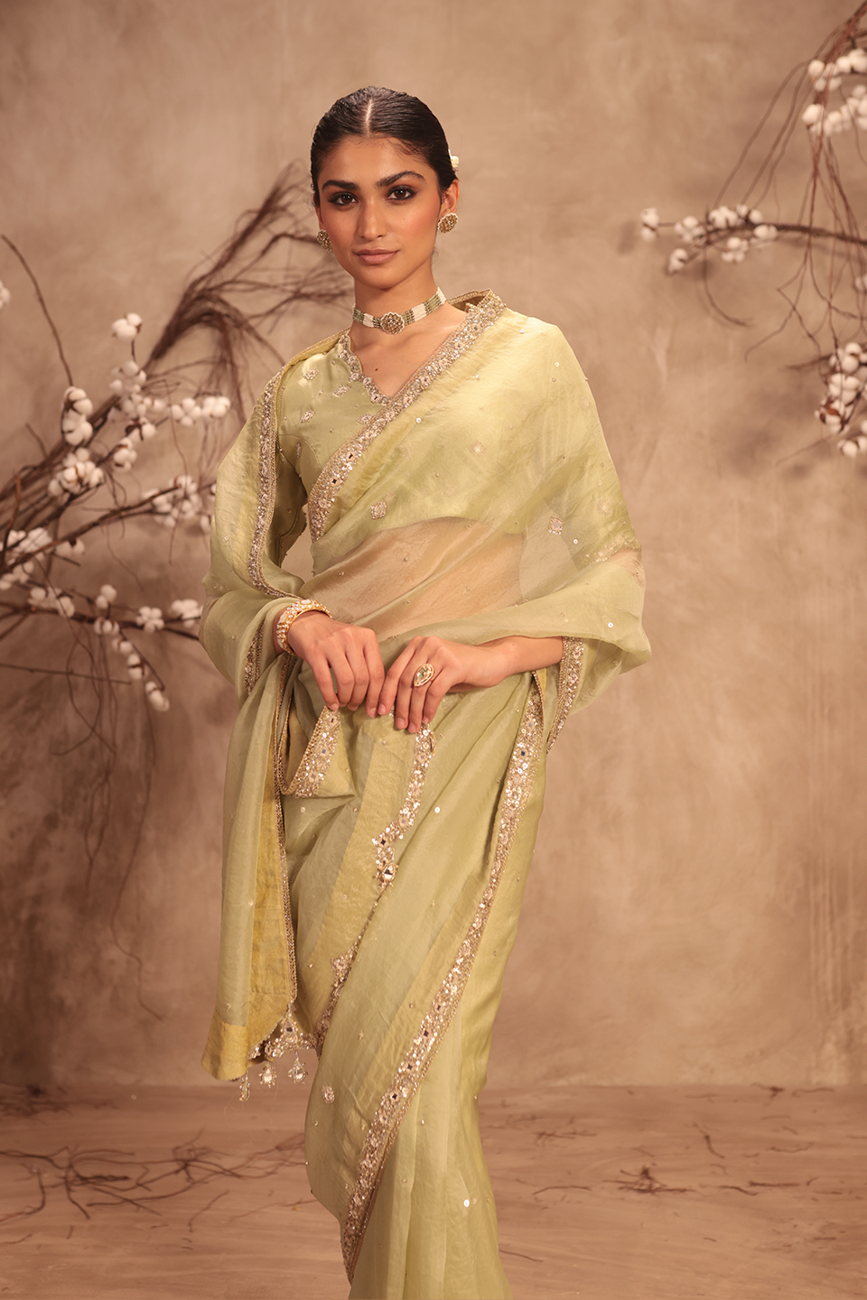 Nazakat Light Green Organza Mirror Work Saree Set