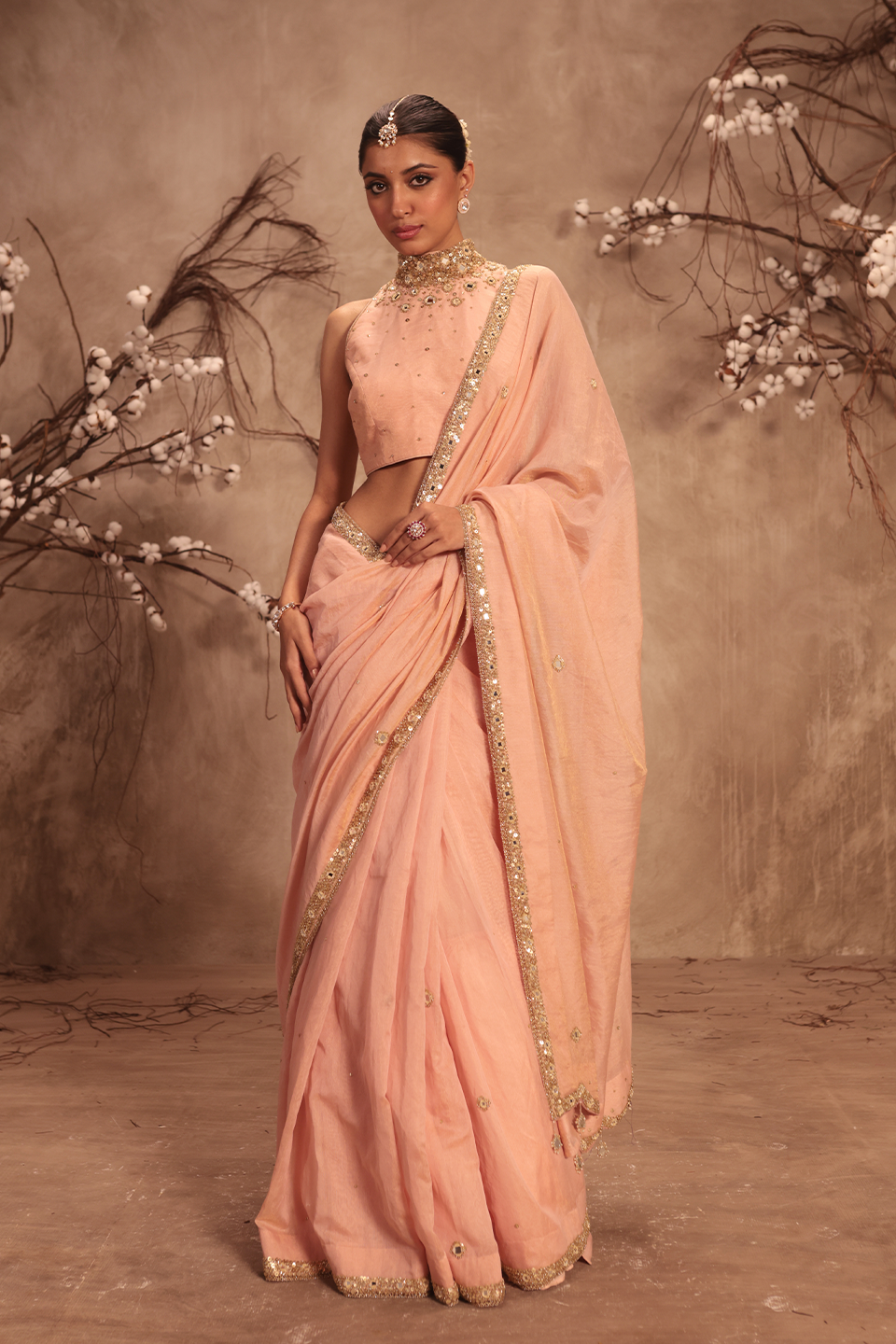 Nazakat Light Pink Choker Neck Scallop Saree Set