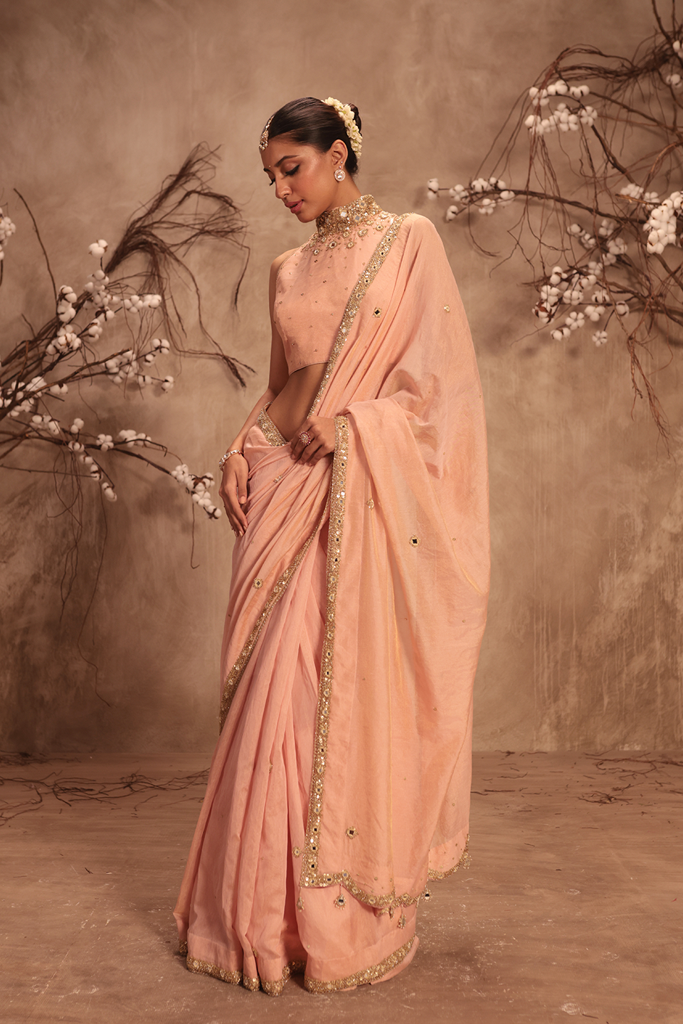 Nazakat Light Pink Choker Neck Scallop Saree Set