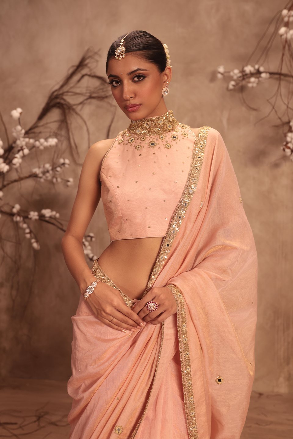 Nazakat Light Pink Choker Neck Scallop Saree Set