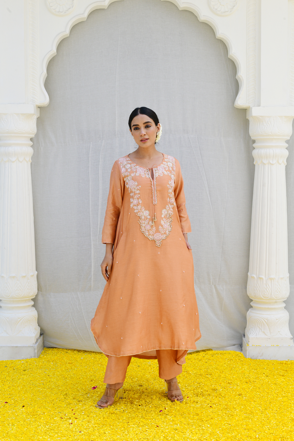 Peach Roselyn Neck Embroidery Kurta Set