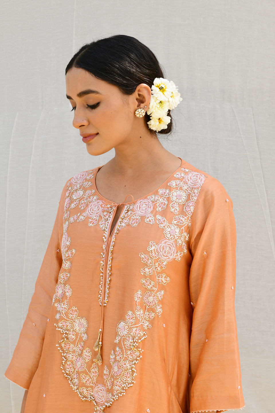 Peach Roselyn Neck Embroidery Kurta Set