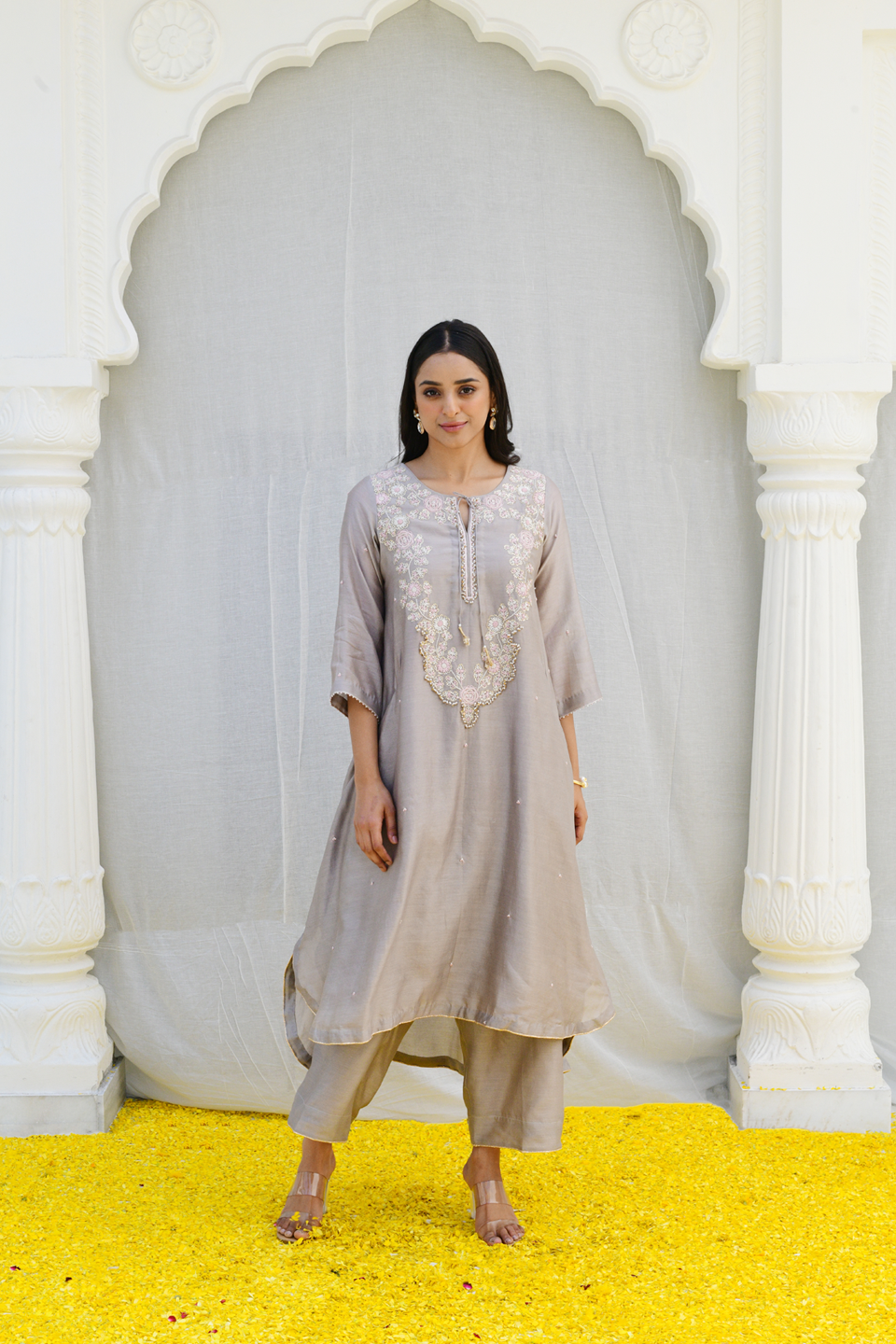Grey Roselyn Neck Embroidery Kurta Set