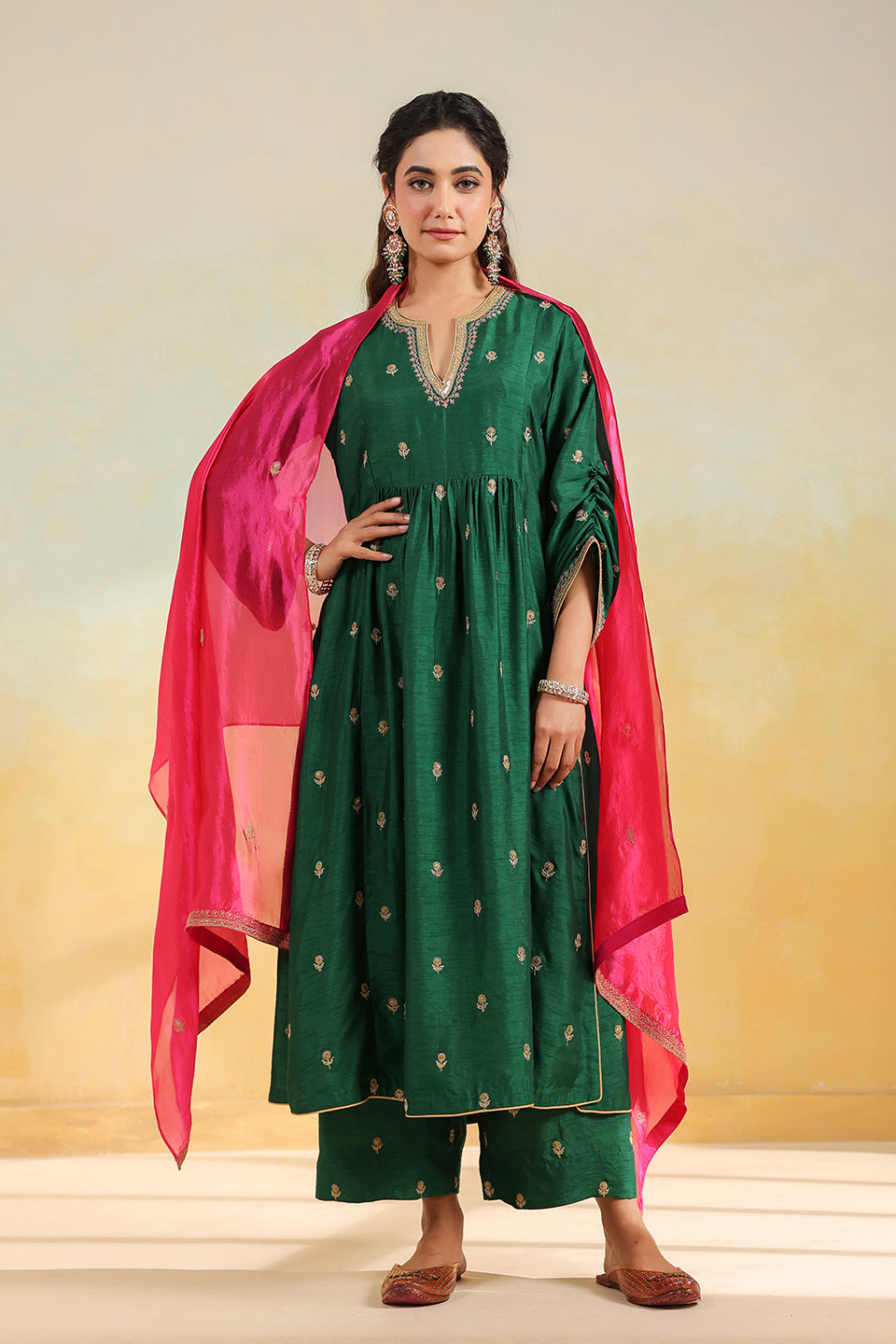 Green Multi Zardozi Buti Frockstyle Kurta Set