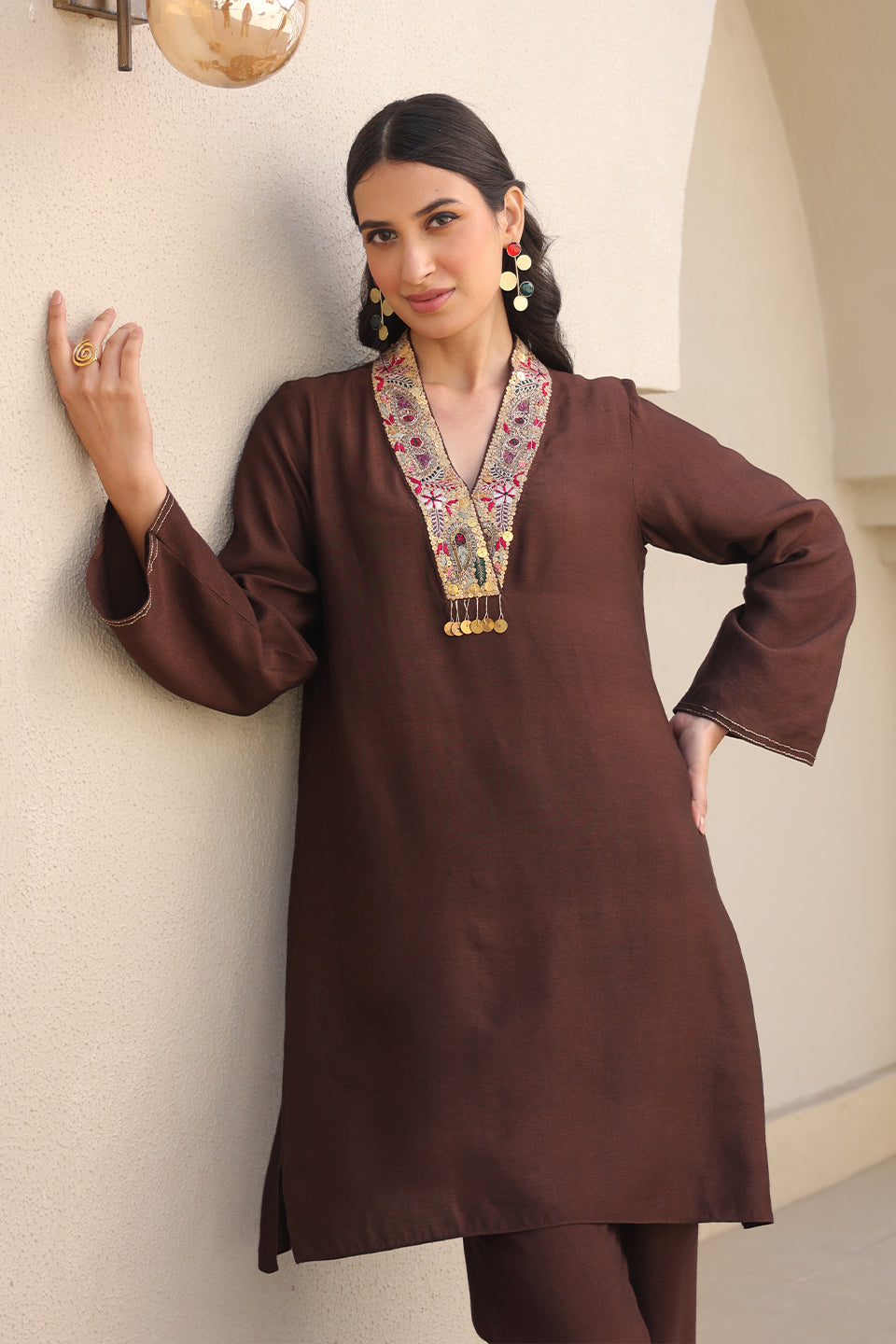Brown Paisley V Neck Top