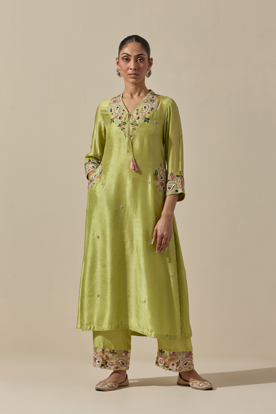 Resham Pastel Green Zardozi Paisely Pocket Style