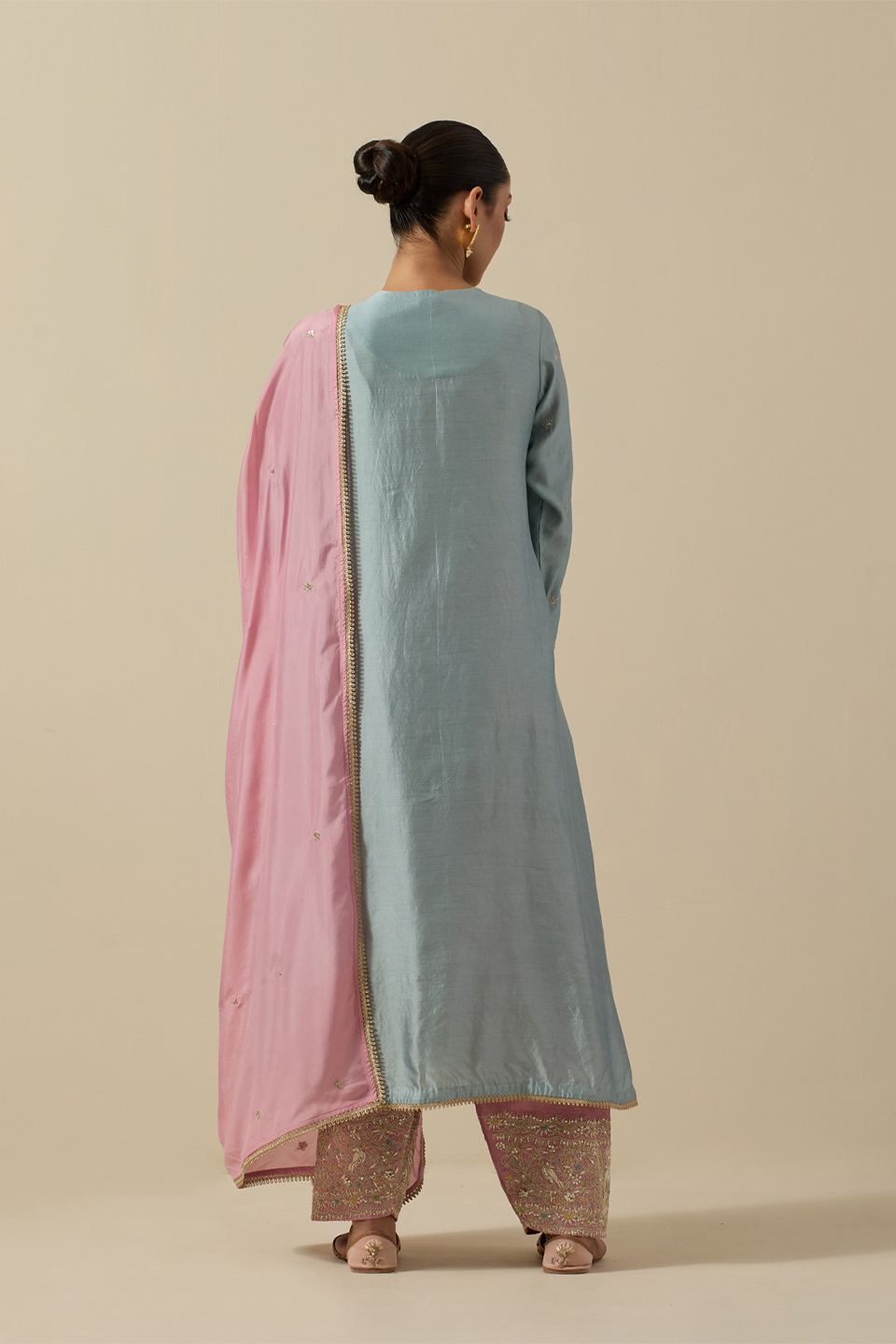 Bird Embroidered Long Kurta Powder Blue + Pastel Pink