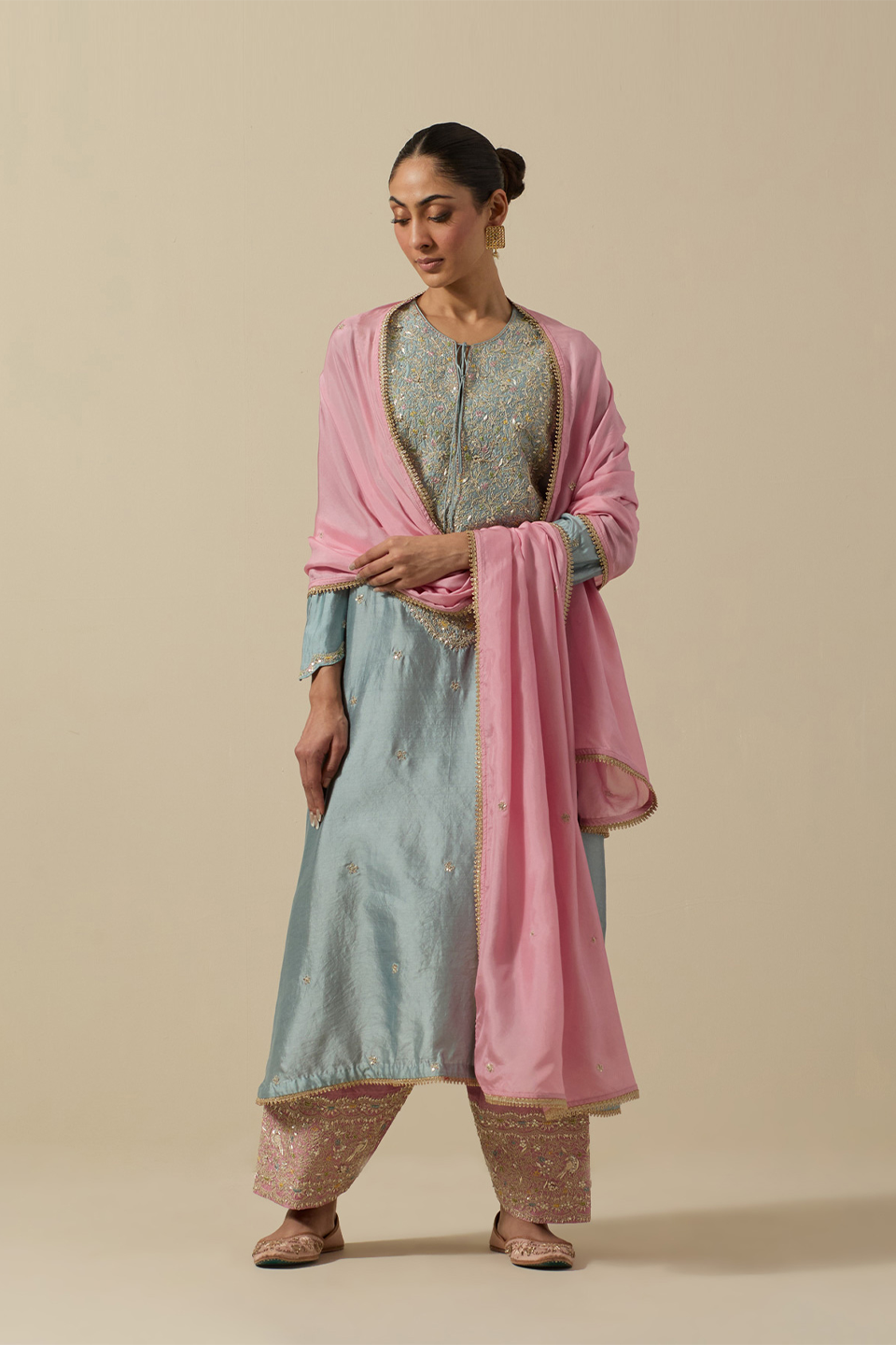 Bird Embroidered Long Kurta Powder Blue + Pastel Pink