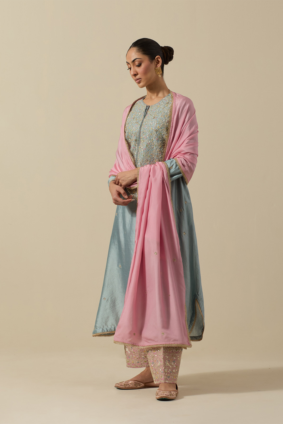Bird Embroidered Long Kurta Powder Blue + Pastel Pink