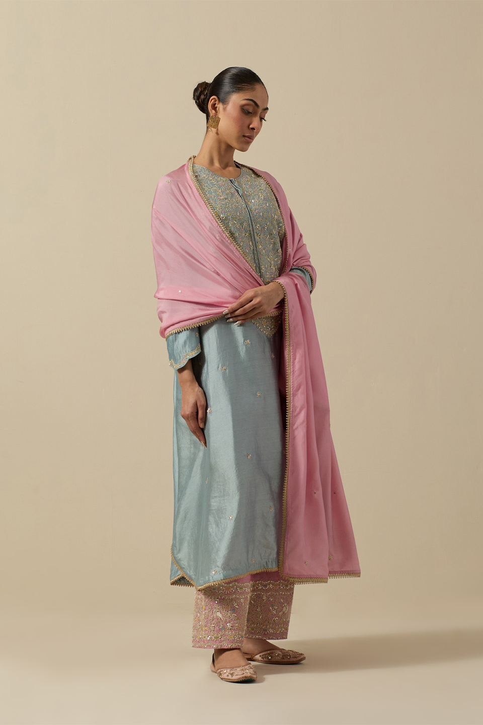 Bird Embroidered Long Kurta Powder Blue + Pastel Pink