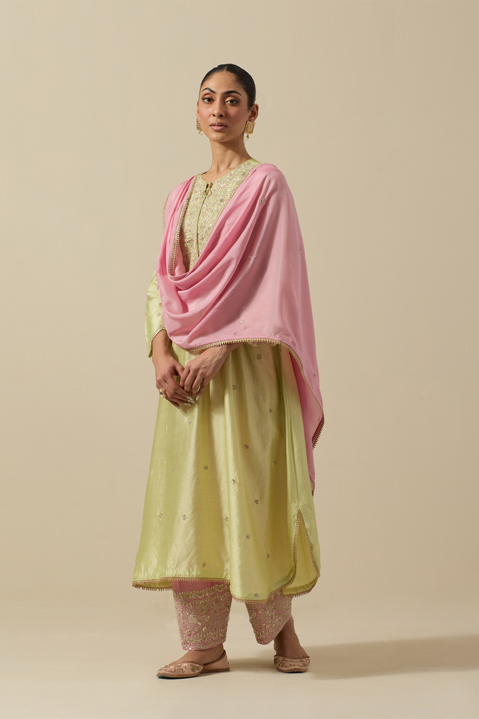 Bird Embroidered Long Kurta Pastel Green + Pastel Pink