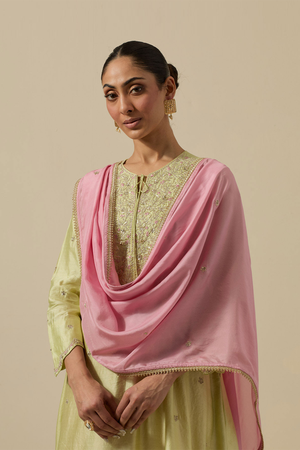 Bird Embroidered Long Kurta Pastel Green + Pastel Pink