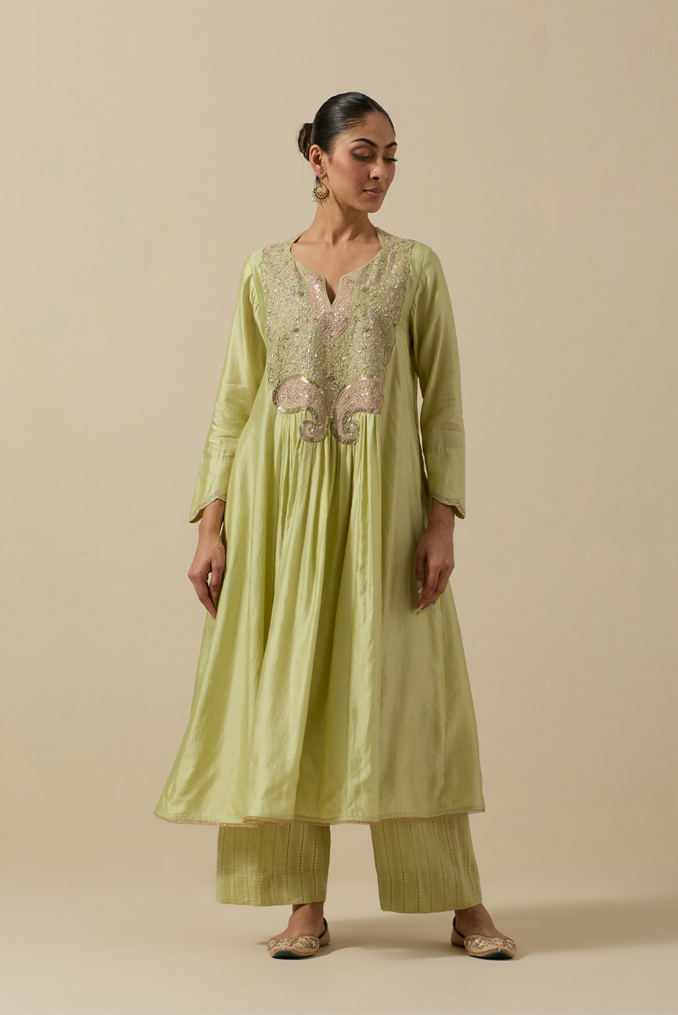 Mint Green Bird Frockstyle Silver Work