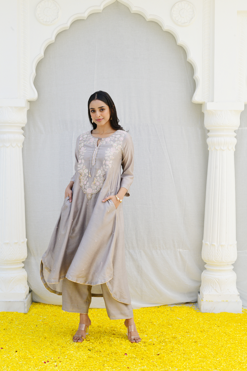 Grey Roselyn Neck Embroidery Kurta Set