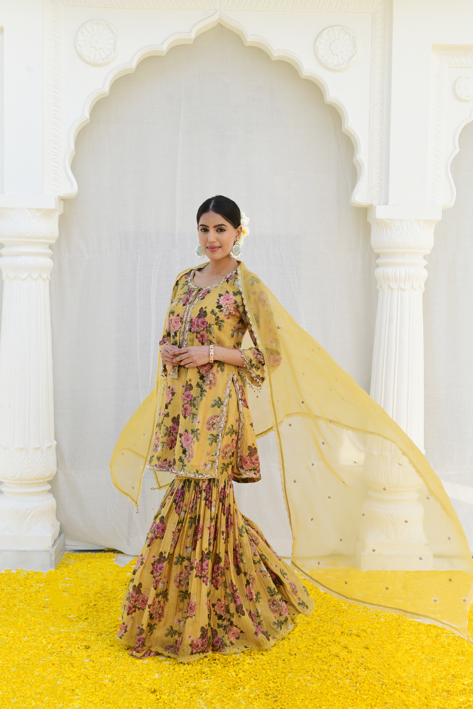Yellow Vintage Floral Rose Print Sharara