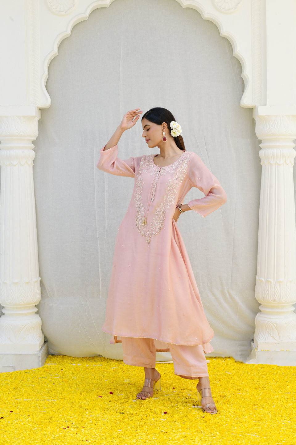Pink Roselyn Neck Embroidery Kurta Set