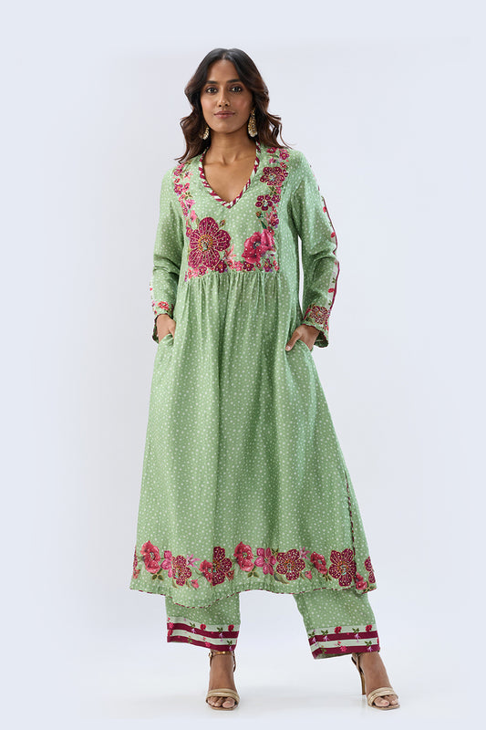 Blossom Green Gathered Yoke Kurta Set