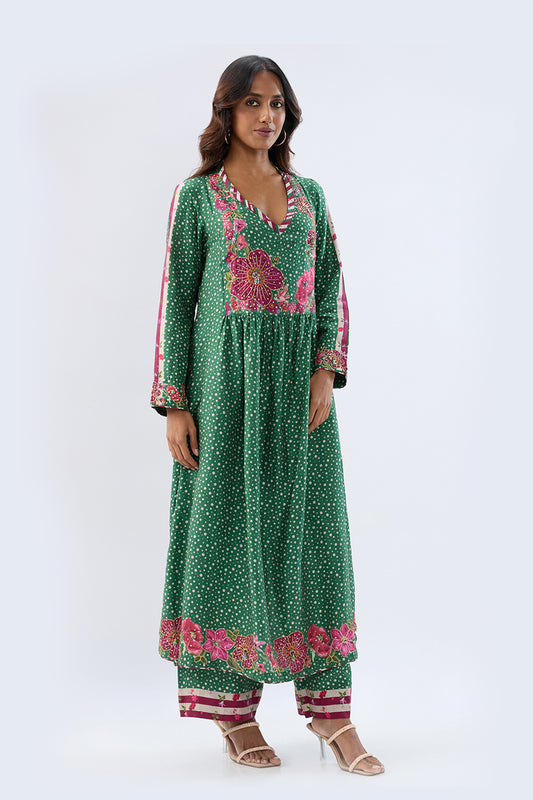 Blossom Dark Green Gathered Yoke Kurta Set