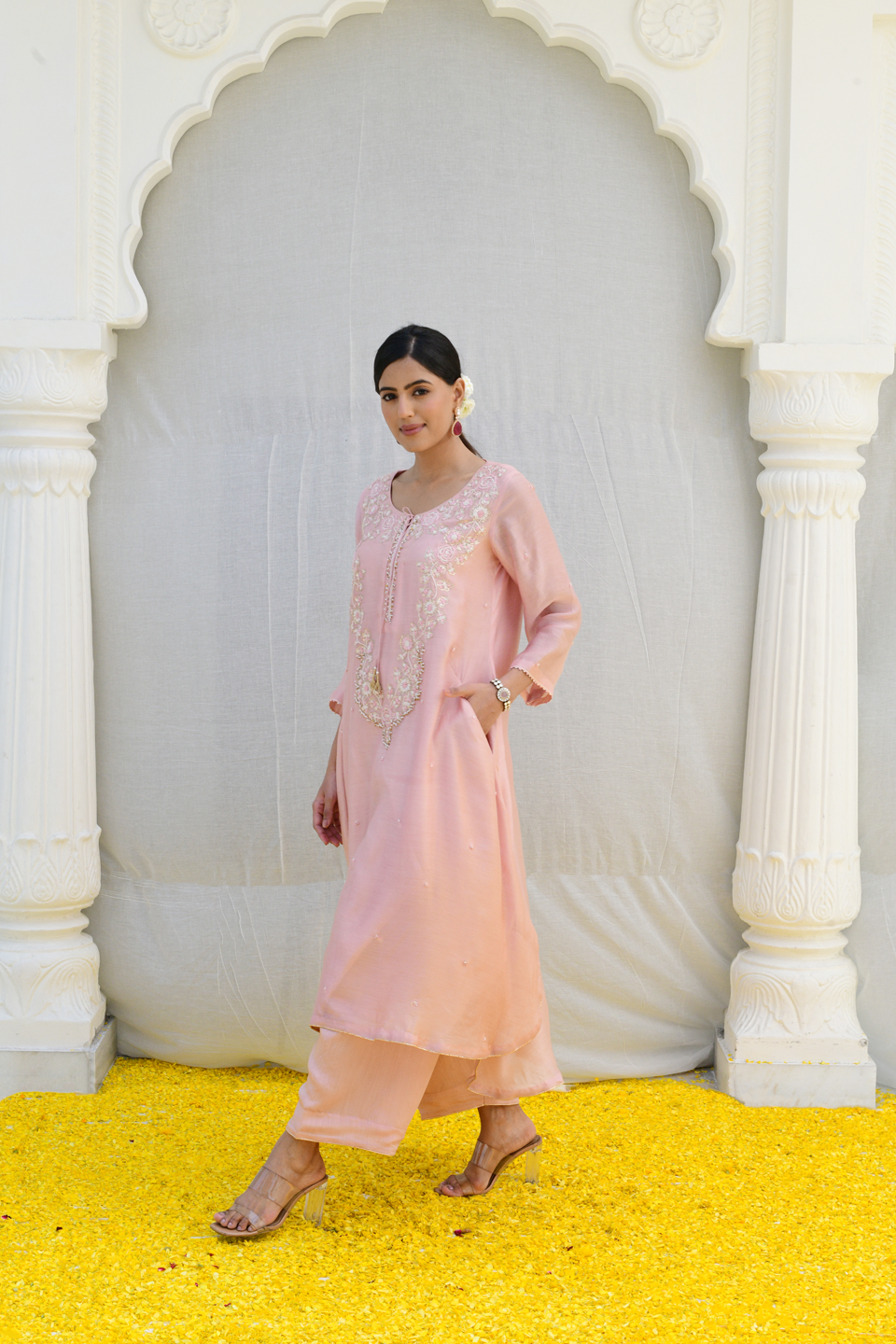 Pink Roselyn Neck Embroidery Kurta Set