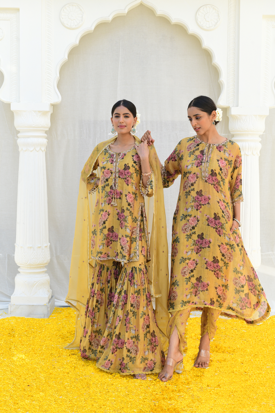 Yellow Vintage Floral Rose Kurta With Tulip Pants