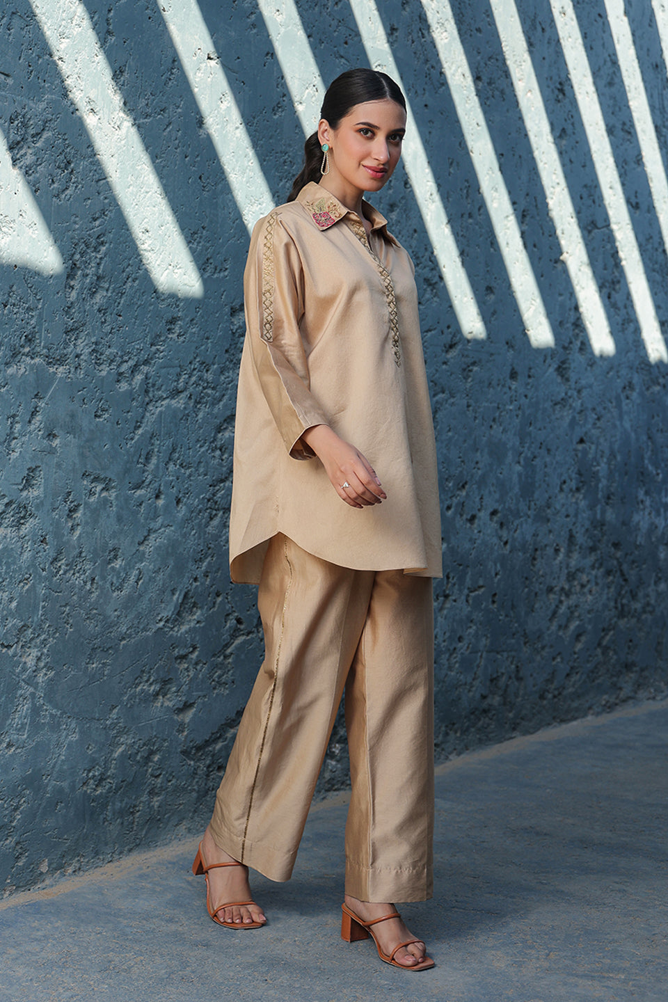 Beige Zardosi Applique Collar Co-ord Set