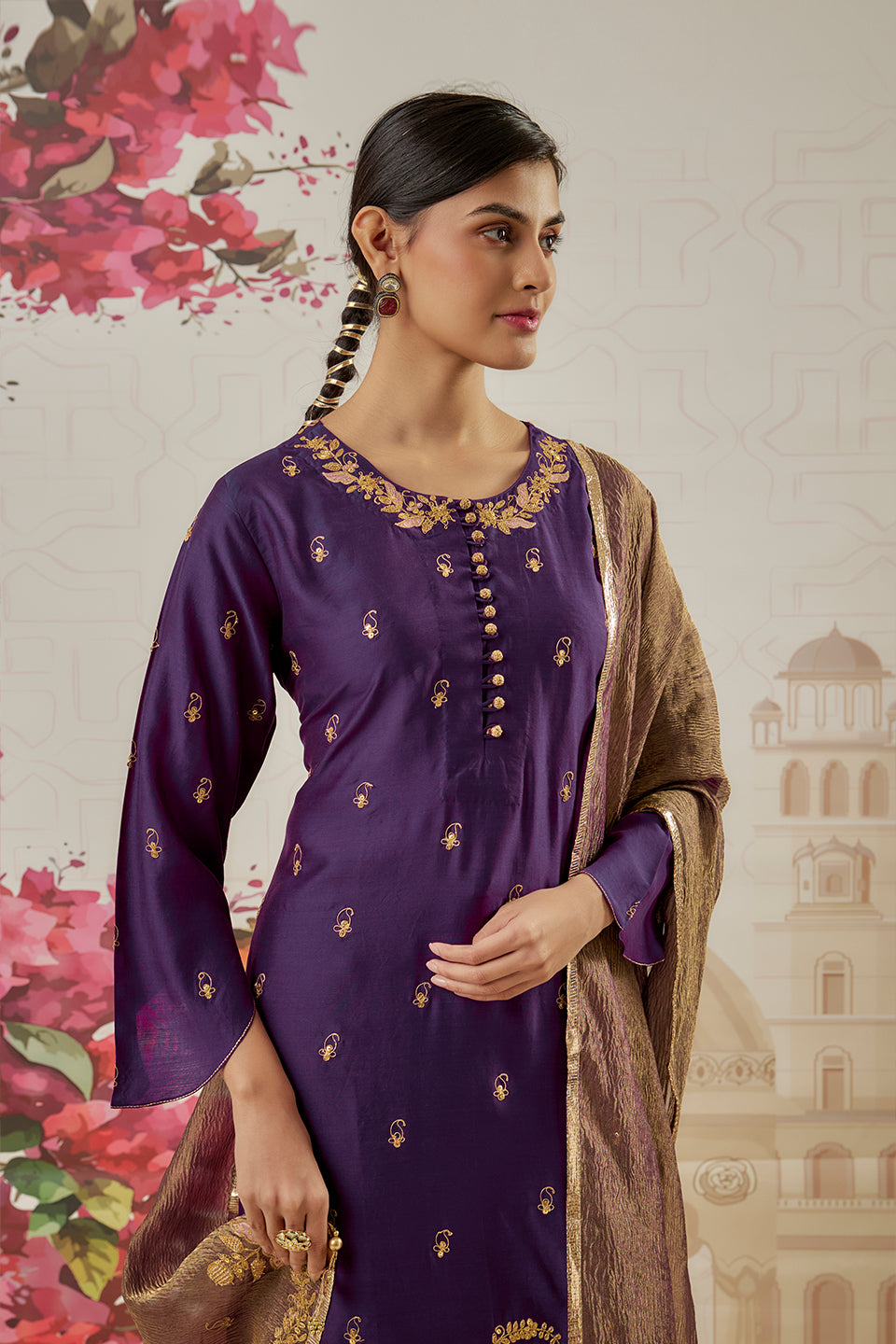 Riwayat Purple Applique Long Kurta Set