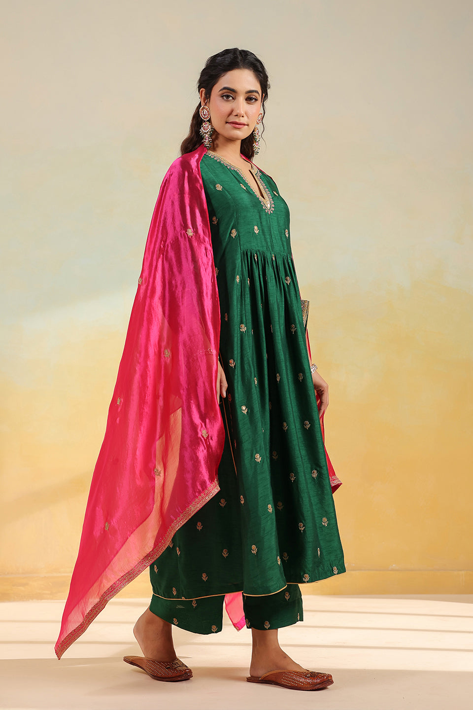 Green Multi Zardozi Buti Frockstyle Kurta Set