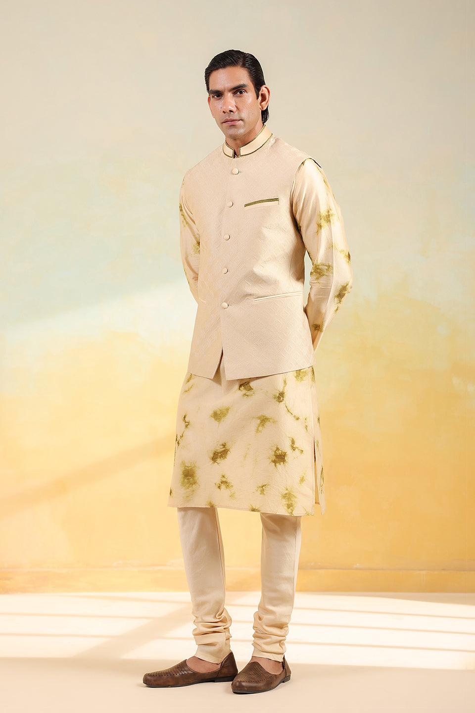 Olive Green Shibori Quilted Bandi Kurta Set