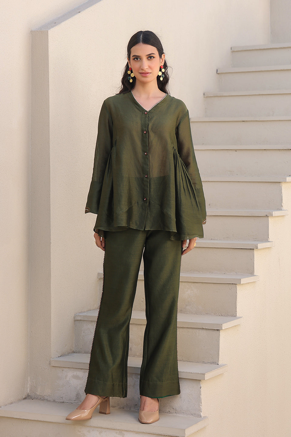 Olive Green V Neck Gathered Co-ord Set