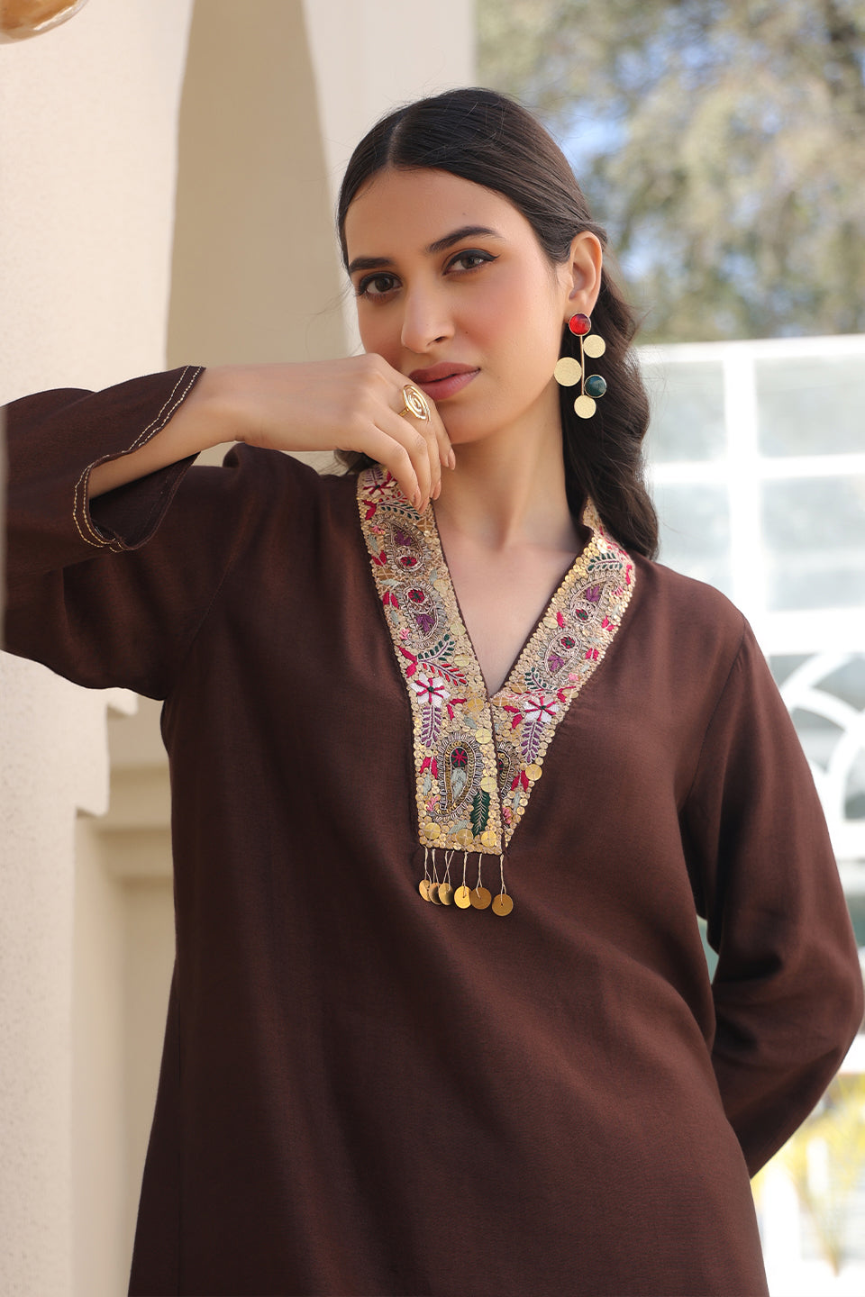 Brown Paisley V Neck Top