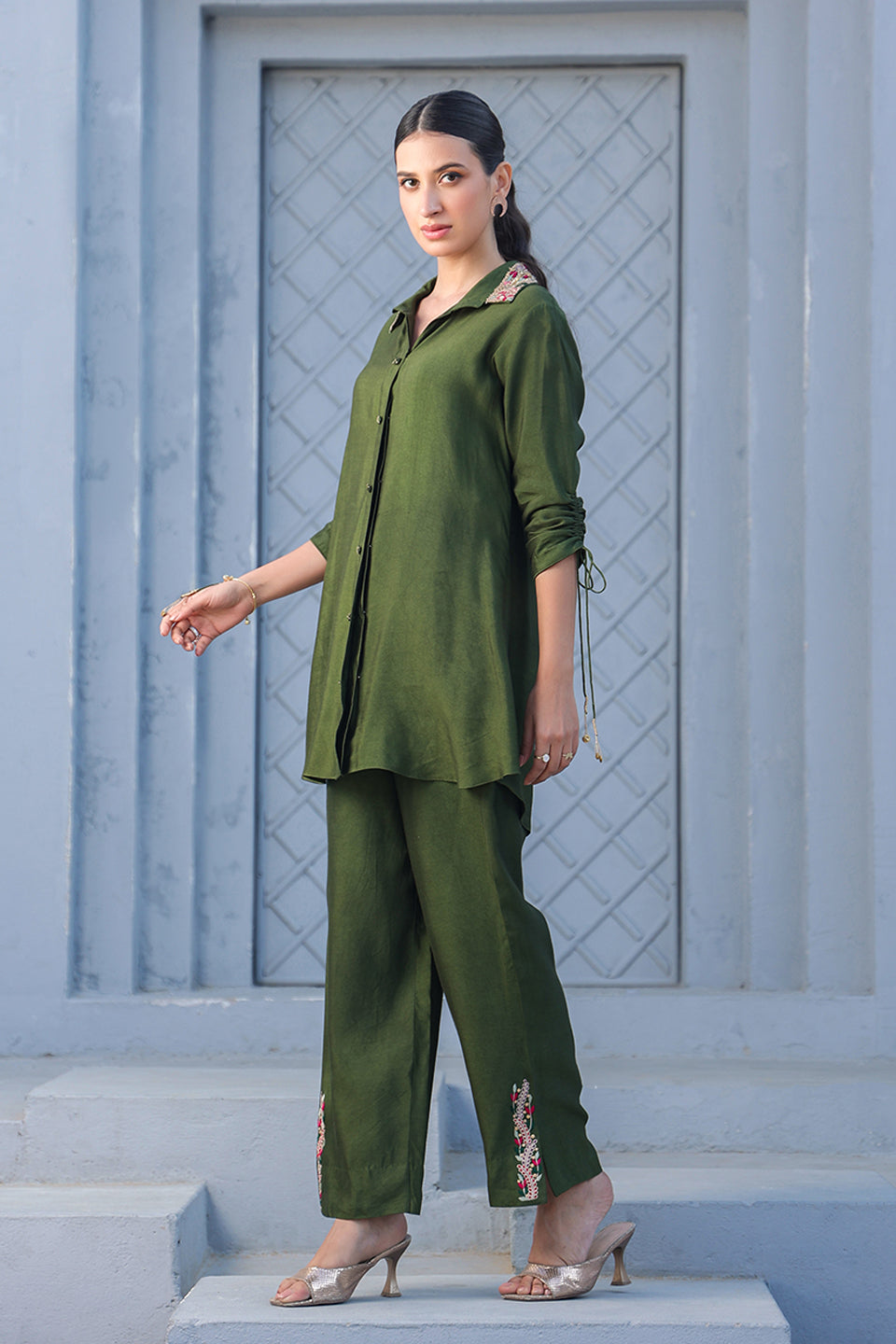 Olive Green Zardozi Collar Co-ord Set