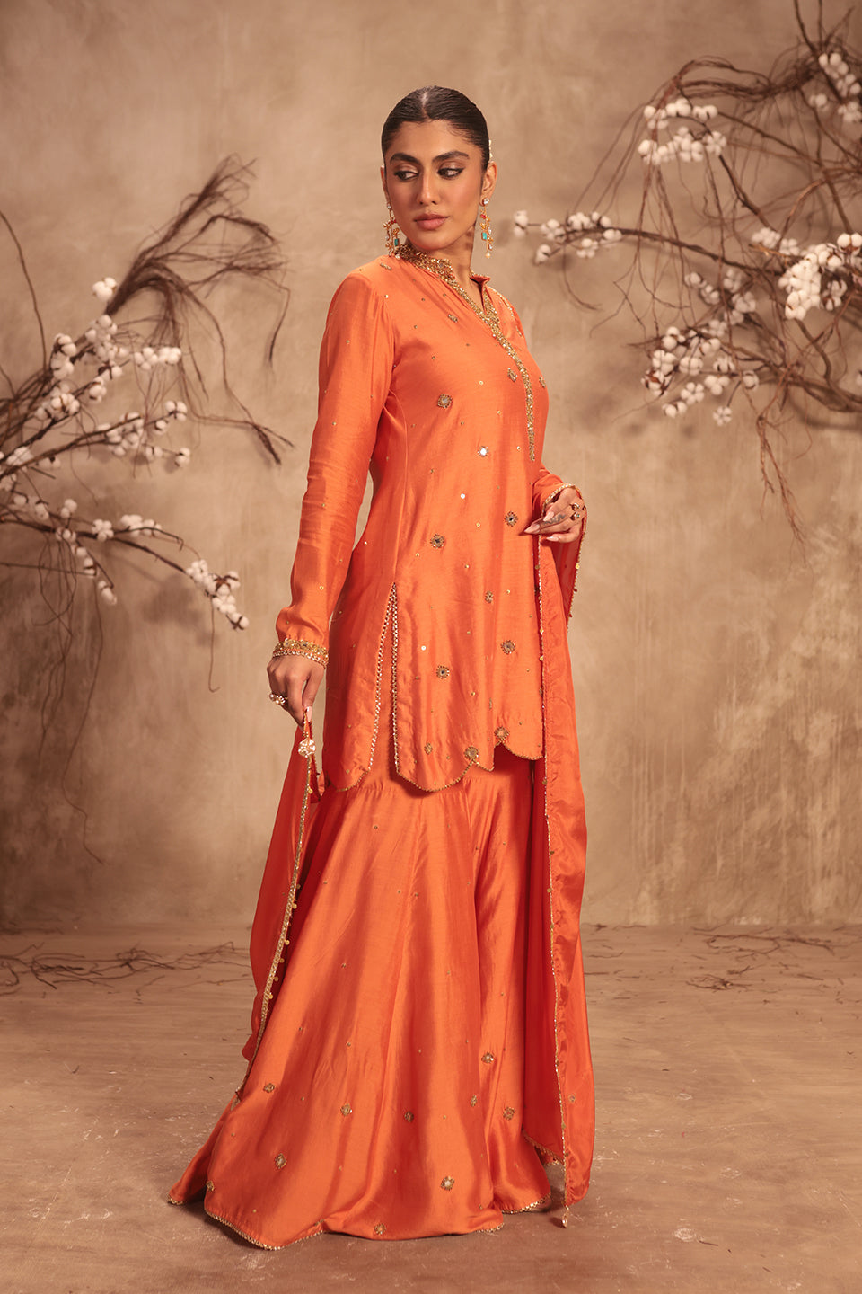 Nazakat Orange Mirror Work Sharara Set