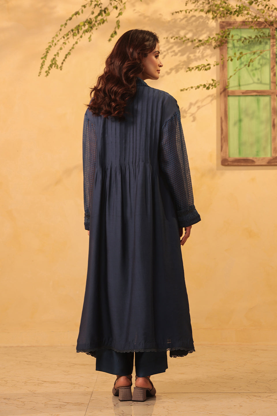 Vaayu Dark Blue Pintuck Collar Kurta Set