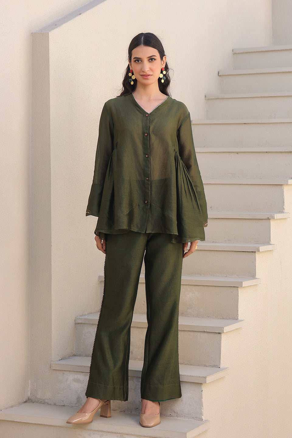 Olive Green V Neck Gathered Top